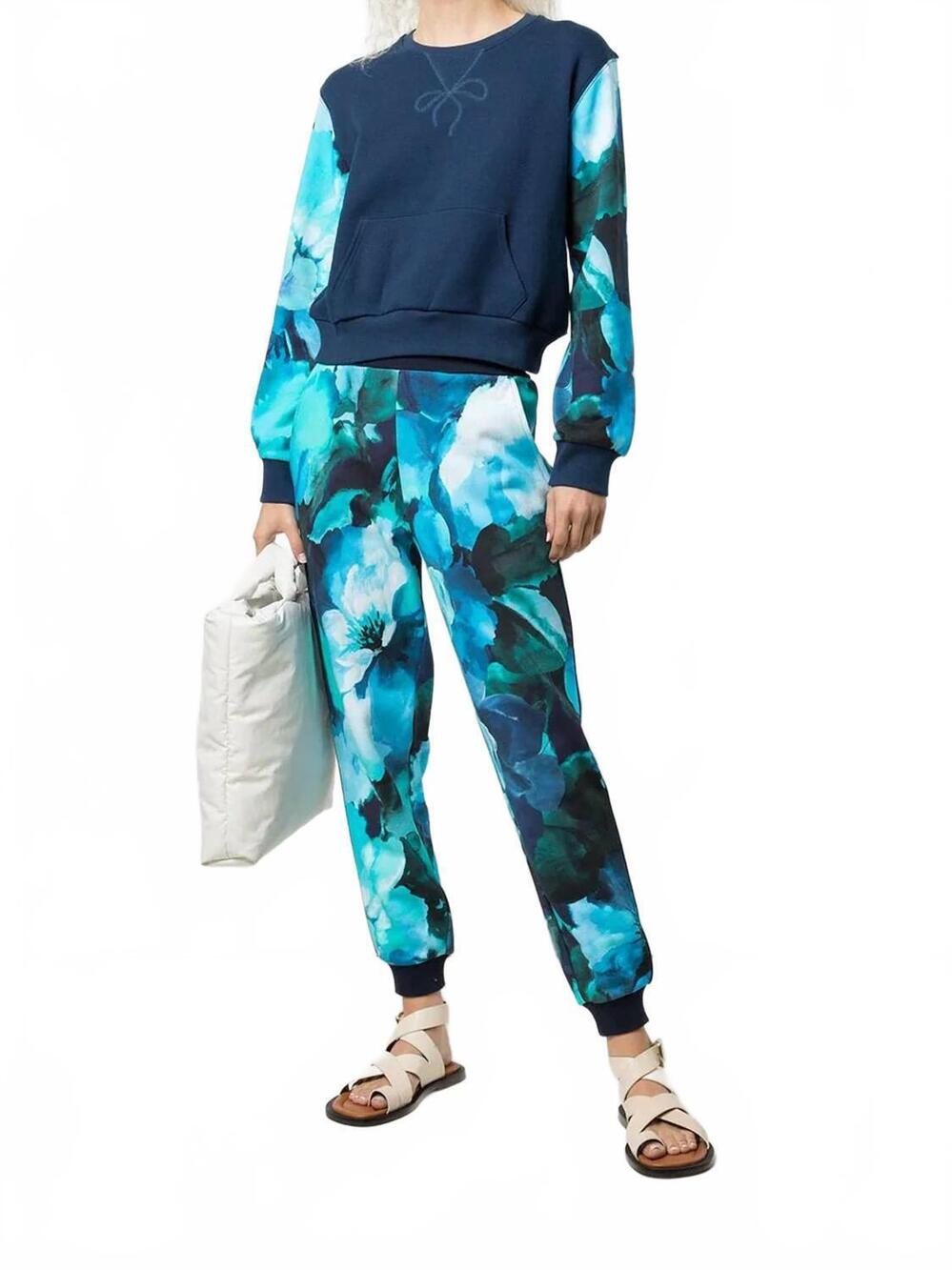 NEW MARCHESA ATHLEISURE wilma long sleeve printed sweatshirt in navy multi